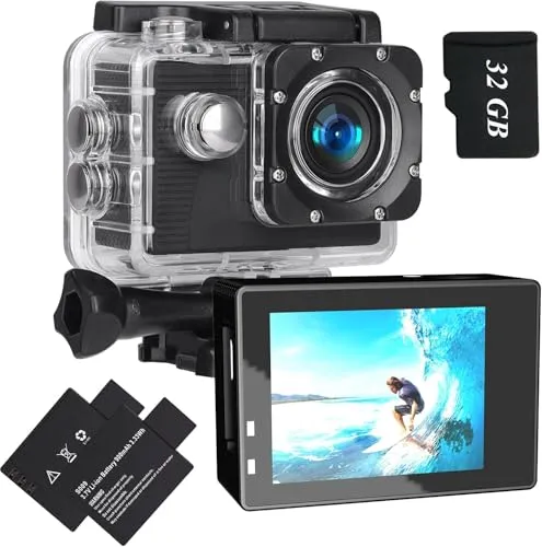 Xilecam Action Cam 1080P Helmkamera mit 32GB Karte, Unterwasserkamera wasserdicht bis 40M，Action Kamera mit Zwei wiederaufladbare Akkus und Accessories（A6B）