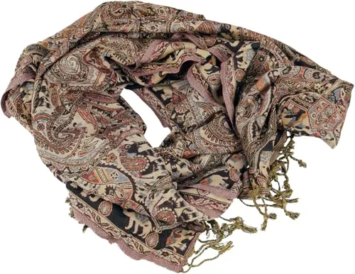 GURU SHOP Indischer Pashmina Schal, Schultertuch, Boho Stola mit Paisley Muster - Braun/bunt, Herren/Damen, Synthetisch