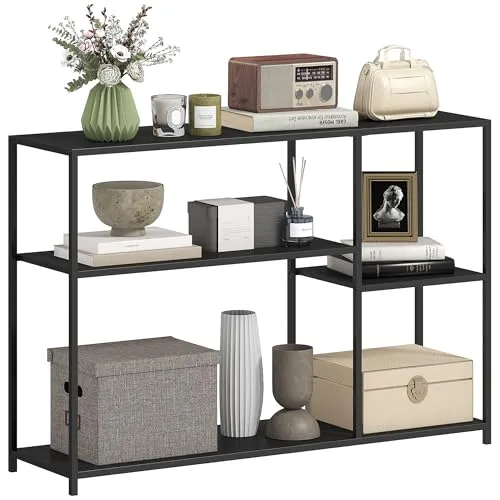 Konsolentisch Flurtisch mit 4 Ablagen, Beistelltisch aus Stahl - Drohnen, stilvoller Konsolentisch mit 4 Ablagen, ideal für zusätzlichen Stauraum und modernes Design in Schwarz.