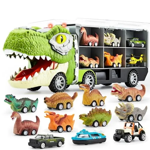 JOYIN 13 Stück Dinosaurier Spielzeug-Set - Lastwagen für Kinder mit 12 zurückziehbaren Dino-Fahrzeugen, interaktivem Transportwagen mit Musik, Sound und Lichtern für stundenlangen Spielspaß.