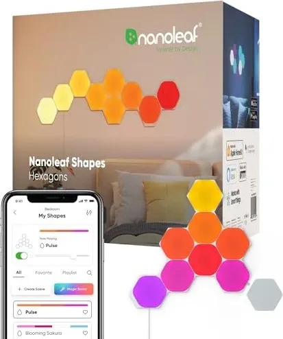 Nanoleaf Shapes Hexagon Starter Kit - Smarte RGBW LED Panels - Modulare Wandleuchte mit 9 Panels, über 16 Mio. Farben und Musik-Sync. Ideal für kreative Designs und Gaming-Ambiente.