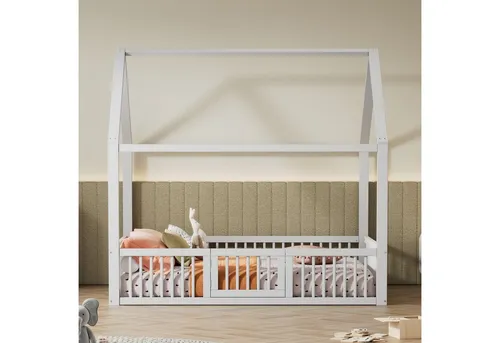 OKWISH Kinderbett mit Rundum-Rausfallschutz – Sicheres Hausbett 140x200 cm in Weiß - Das OKWISH Kinderbett bietet mit seinem Rundum-Rausfallschutz und der kleinen Tür ein sicheres Schlafumfeld. Ideal für kreative Dekorationen und langlebige Nutzung im Kinderzimmer.