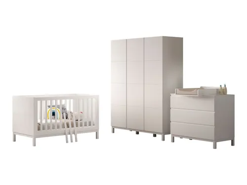 aufm Kessel Babyzimmer-Komplettset Keely in Weiß - 4-teiliges Babyzimmer Set mit Wickelkommode, Babybett und Kleiderschrank. Ideal für moderne Kinderzimmer, mit pflegeleichter Oberfläche und viel Stauraum. Langlebig und mitwachsend für die Bedürfnisse Ihres Kindes.