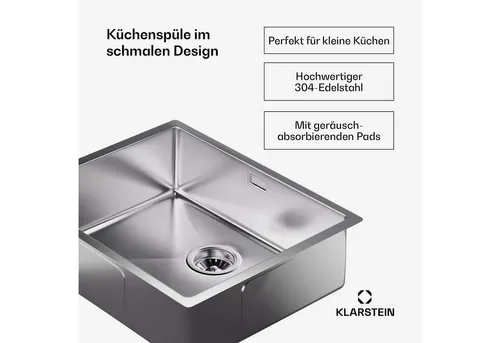 Klarstein Edelstahlspüle 45x55 cm - Sanitäranlagen & Zubehör – Quadratische Edelstahlspüle aus 304 Edelstahl, kratz- und hitzebeständig, leicht zu reinigen und ideal für stilvolle Küchen.