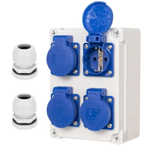CHENGPI Steckdose Aufputz Wandverteiler Starkstrom Verteiler mit IP54 4x230V Schuko Steckdosen,IP67 Baustromverteiler Steckdosenverteiler fur Werkstatt, Garage-Ramped Socket Box,Gebäude Stromverteiler