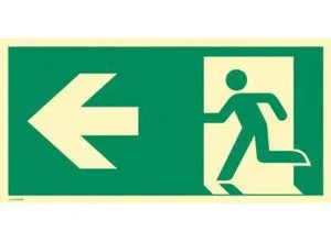 moedel Fluchtwegschild „Notausgang links Pfeil links“ ISO 7010 E001 - Langnachleuchtendes Fluchtwegschild für klare Rettungswegmarkierung. Ideal zur Sicherstellung der Orientierung im Notfall. Maße: 400 x 200 mm, selbstklebend.