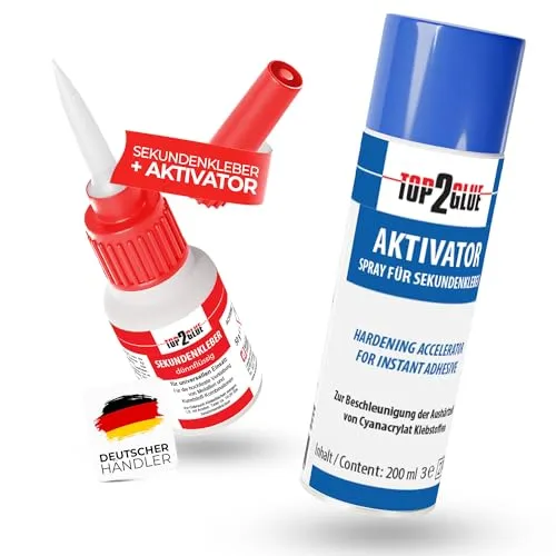 Top2Glue XXL Aktivator Sekundenkleber extra stark wasserfest + temperaturbeständig - Cyanacrylat Alleskleber Set 50g Kleber + 200ml Spray für Metall, Holz, Glas, Gummi, Kunststoff, Modellbau (dünn)