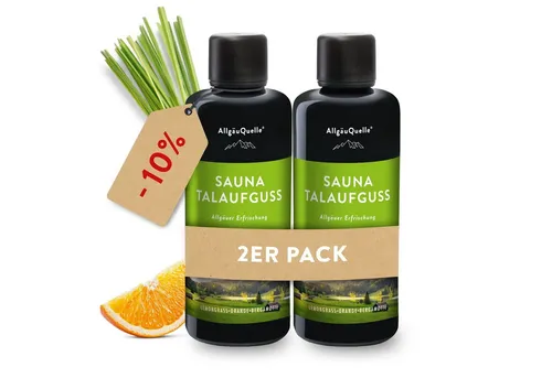 Allgäuquelle Sauna-Aufgussset Bio Talaufguss (2-tlg., 2 x 100ml) mit Lemongrass, Orange und Bergamotte - Erlebe erfrischende Saunamomente mit unserem 2-teiligen Set aus 100 % naturreinen Ölen. Die fruchtige Kombination aus Lemongrass, Orange und Bergamotte sorgt für ein belebendes Saunaerlebnis.