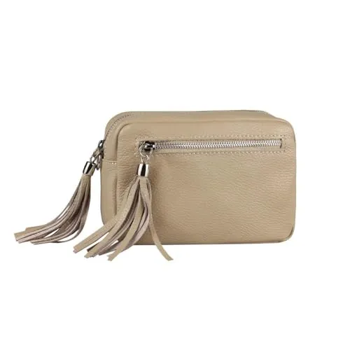 ITALYSHOP24COM OBC Damen Leder Umhängetasche - Stilvolle Fransenbeuteltasche (Helltaupe) - Elegante Umhängetasche aus 100% italienischem Leder, ideal für jeden Anlass. Mit verstellbarem Schultergurt und praktischem Reißverschluss. Perfekt für Freizeit und besondere Anlässe!