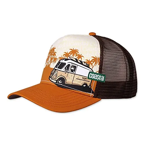 Coastal - SurfBubbi Trucker Cap (Khaki/Rust) - Baseball Caps für Herren mit hochwertiger Beach Style Applikation und atmungsaktivem Netzstoff hinten. Ideal für Surfer und Outdoor-Enthusiasten.