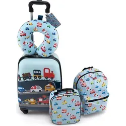 COSTWAY 5-teiliges Kindergepäckset - Kindertrolley mit Rucksack, Lunchbox, Nackenkissen & Gepäckanhänger (Blau) - Trolleys mit praktischem 5-teiligem Set für Kinder, inklusive komfortablem Nackenkissen und wasserdichter Lunchbox für frische Snacks unterwegs.