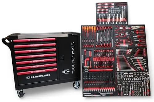 XXL Werkzeugwagen gefüllt | Profi Werkstattwagen mit KFZ Werkzeug - Werkstattwagen mit 7 Schubladen, kugelgelagerten Führungen und abschließbarem Design. Ideal für Profis, die ihre Werkzeuge sicher und ordentlich aufbewahren möchten.