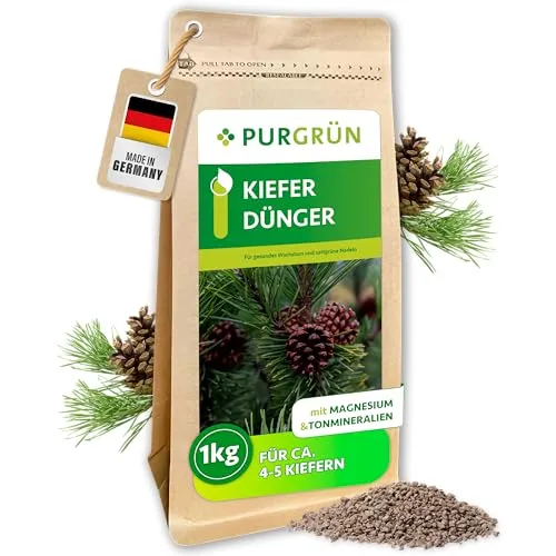 Purgrün Kiefer Dünger NPK 5+4+6, 1 kg - Pflanzendünger für gesunde Kiefern mit extra Kalium und 2% Magnesium für sattgrüne Nadeln und starke Widerstandskraft.