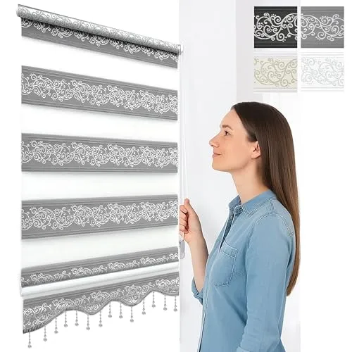 Brillant Doppelrollo Klemmfix ohne Bohren Grau Silber 200 x 50 cm (Länge x Breite) Duorollo Blickdicht mit Perlen, glitzert, Raffrollo Fenster Tür Zebra Perde Klemmrollo Seitenzugrollo