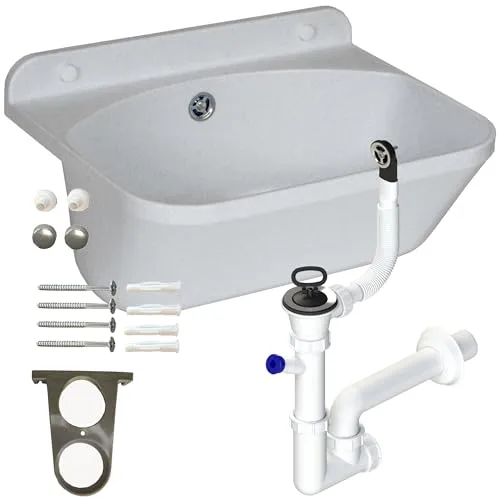 Waschbecken mit Siphon Ausgussbecken aus Kunststoff weiß Granit Farbe, 45 cm Länge hängen Wasserinstallation Küche Badezimmer robuste Waschtrog