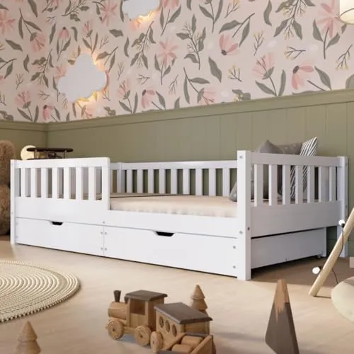 Crazy Pine Kinderbett mit Schublade 140x200cm – Sicheres Montessori Bodenbett - Kleinkindbett mit Rausfallschutz aus schadstofffreiem Kiefernholz – bietet ein sicheres Schlafumfeld und zusätzlichen Stauraum durch zwei geräumige Schubladen für Spielzeug und Kleidung.