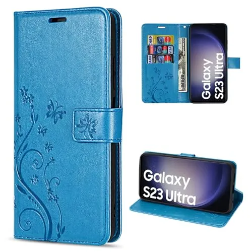 Hülle Kompatibel mit Samsung Galaxy S23 Ultra | Premium PU Leder Handyhülle Wallet Case für Galaxy S23 Ultra | Schutzhülle Blumen Klapphülle Handyhülle | Blau