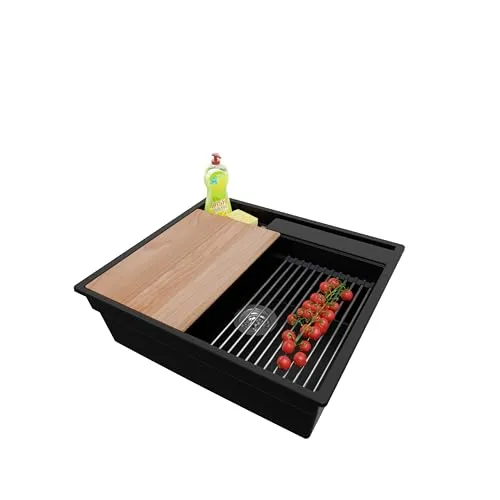 PRIMAGRAN Spülbecken Schwarz 58x53cm, Granitspüle 1 Becken + Ablauf-Set + Küchenzubehörset, Küchenspüle ab 60er Unterschrank - Oslo Pocket S142