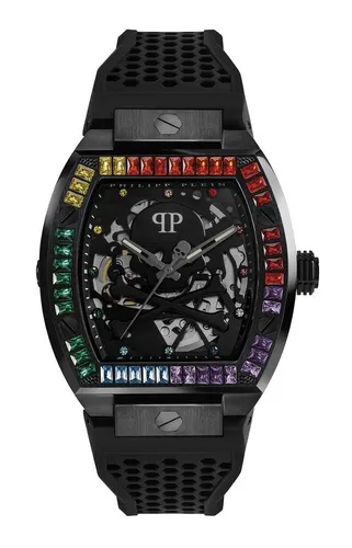 Philipp Plein Herren Uhr Automatik $KELETON - Exklusive Automatik-Armbanduhr für Herren, Gehäuse aus Edelstahl mit bunten Kristallen, 44 mm Durchmesser, stilvolles Silikonarmband für höchsten Tragekomfort.