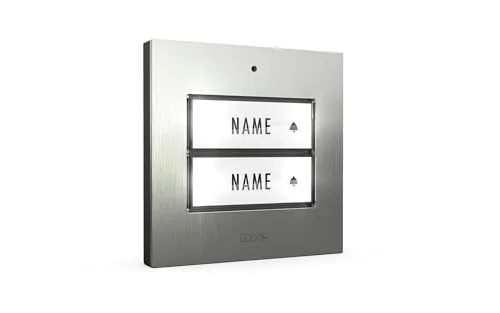 M-E KTE-2 Klingeltaster - Beleuchteter Edelstahl-Klingeltaster für 2-Familienhäuser - Klingeltaster für 2-Familienhäuser, aus robustem Edelstahl mit automatisch beleuchtetem Namensschild für optimale Sichtbarkeit.