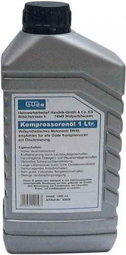 Güde Kompressorenöl 5W40 Vollsynthetic 1 L - Hochwertiges Motorenöl für Güde-Kompressoren, sorgt für optimale Schmiereigenschaften und verlängert die Lebensdauer durch geringen Verschleiß. Wintertauglich und energieeffizient.