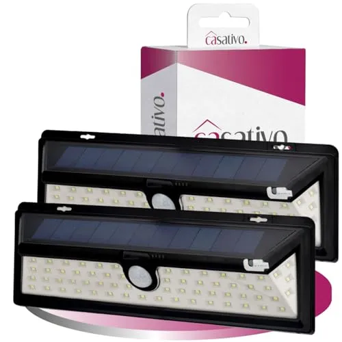 Casativo 2er-Set Moderne Solar Wandleuchte mit PIR Bewegungs-Sensor - Die Solar-Wandleuchte mit 66 hellen LEDs und 800 Lumen sorgt für Sicherheit und Licht im Außenbereich. Mit einfach zu montierendem Design und spritzwassergeschützter Bauweise ist sie ideal für Hof und Terrasse.