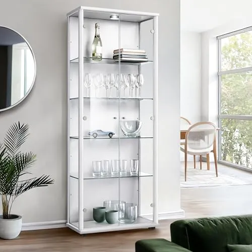 K-Möbel Vitrinenschrank 2-türig - Stilvolle Glasvitrine mit LED-Beleuchtung - Glasvitrine für vielseitige Verwendung, ideal zur stilvollen Präsentation von Sammlerstücken, Bücher oder als Schnapsbar. Mit 4 höhenverstellbaren Glasböden und eleganten Griffen.