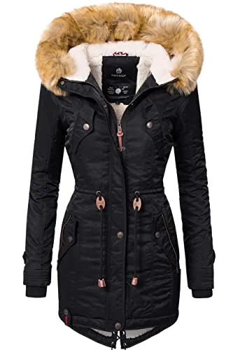 Navahoo Damen Wintermantel La Viva - Warmer Parka mit Kapuze in Schwarz (Gr. XXL) - Funktionsjacken für kalte Tage: Stylischer Parka mit abnehmbarer Kunstfellkapuze und flauschigem Teddy-Futter, ideal für Herbst und Winter.