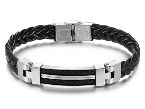 Feilok Herren Armband Premium Lederarmband für Männer in schwarz Edelstahl Verschluss Geflochtene Leder Punk Rock Stil