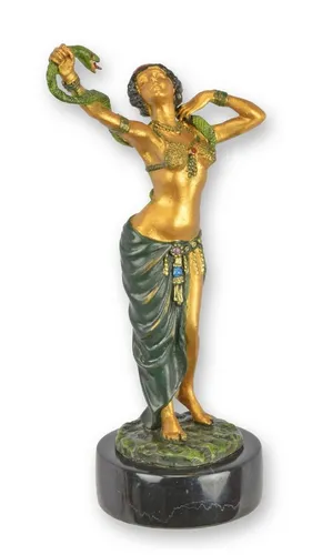 Aubaho Dekoobjekt Bronzeskulptur Tänzerin mit Schlange - Faszinierende Bronzeskulptur einer Schlangentänzerin im Wiener Stil – ein elegantes Deko-Highlight für jeden Raum. Detailreiche Verarbeitung und warme Töne verleihen Ihrem Zuhause einen Hauch von Exotik.