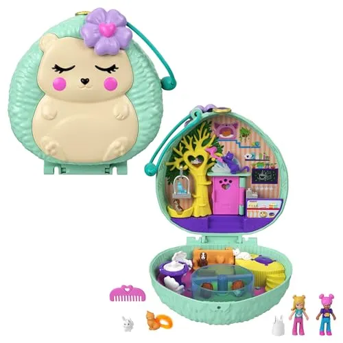 Polly Pocket GTN15 - Igel-Café Schatulle im Café- und Haustier-Design, kleiner Polly Puppe & Freundin, 2 Tierfiguren, Überraschungseffekte, tolles Sielzeug Geschenk für Kinder ab 4 Jahren