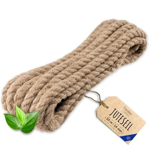 Creative Deco Juteseil Juteschnur | 50m Lang (Personalisierung alle 5m möglich) | 14mm Dickes Seil | Jute Hanfseil Tau Schnur | Gedreht Garn Kordel Naturfaser | Braunes Deko Seil Handlauf DIY Garten