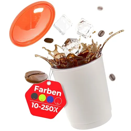 achilles Kaffeebecher mit Deckel, Kunststoffbecher, Mehrwegbecher, Trinkbecher, LFGB geprüft, spülmaschinenfest, stapelbar, 330 ml, Becher grau, Deckel orange, 50 Stk.