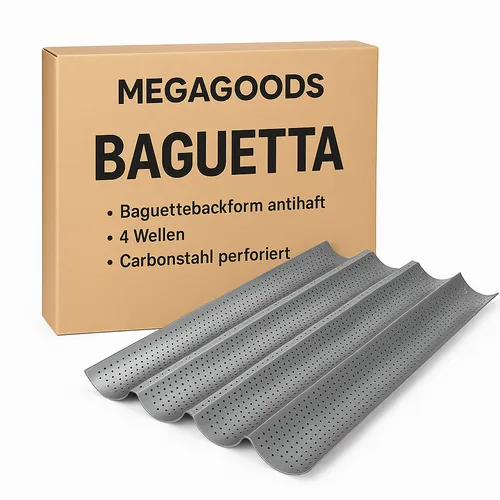 MEGAGOODS Baguetteblech Baguettebackform antihaft 4 Wellen Carbonstahl perforiert DE., Perforierte Backform weiß