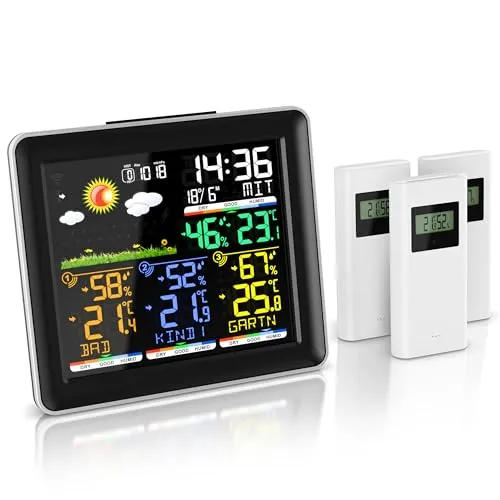 Brandson Wetterstation Funk mit 3 Außensensoren – Farbdisplay & präzise Wettervorhersage