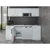 Flex-Well Classic Büroküche Wito 210 cm in Weiß - Single-Küche mit modernem Design und viel Stauraum, ausgestattet mit hochwertigen Elektrogeräten wie Geschirrspüler und Mikrowelle - ideal für Büros und Wohngemeinschaften.