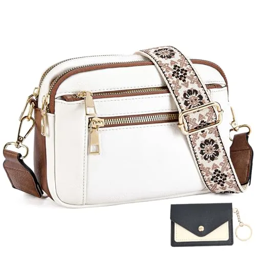 JinDouer Kleine Umhängetasche Damen Vegan Leder, Crossbody Bag vintage mit Vleien Fächer, Handtasche mit Abnehmbarem Modern Breitem Schultergurt, Münzbörsen für Damen Senden (Weiß)