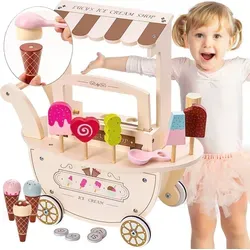 Mamabrum Eiswagen Holzspielzeug - Eisdiele mit Zubehör, magnetisches EIS-Set für kreatives Rollenspiel und Feinmotorikförderung ab 3 Jahren