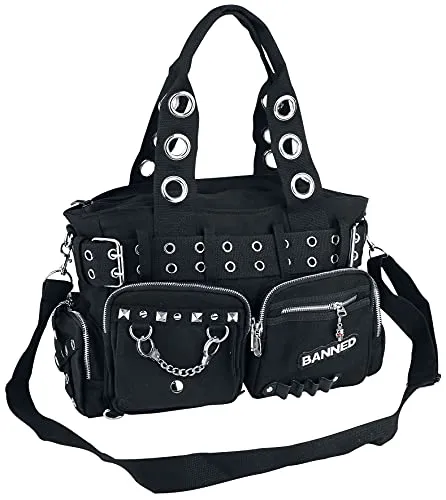 Banned Damen Handtasche mit Handschellen-Details - Rockabilly-Look, schwarze Leinwand, Größe: Large, stylisches Accessoire für den individuellen Look