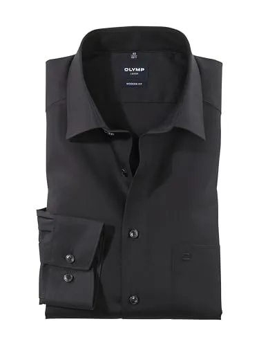 OLYMP Luxor Modern Fit Langarm Hemd Schwarz 48 - Herrenhemden in modern fit mit New Kent Kragen, aus pflegeleichter Popeline und ideal für stilvolle Anlässe.