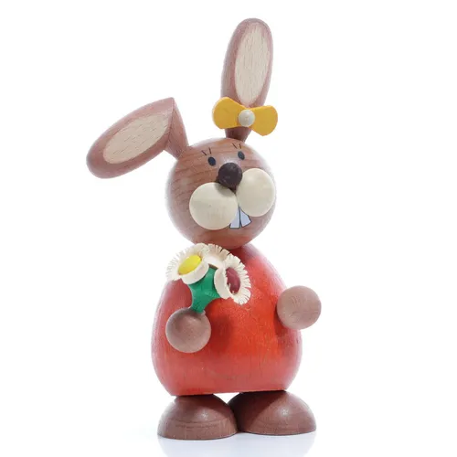 Osterartikel Osterhäsin mit Blumenstrauß 12x6cm - Figuren, Skulpturen & Statuen - Charmante Holzfigur mit buntem Blumenstrauß, ideal für festliche Osterdekoration und ein fröhliches Ambiente.