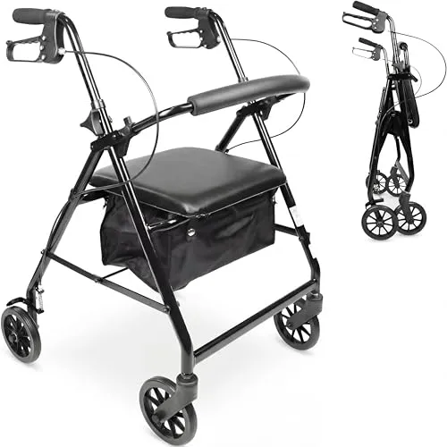 PEPE Mobility Rollator Faltbar Leicht mit Sitz, Schmaler Indoor Rollator für Wohnung, Höhenverstellbarer Gehwagen aus Aluminium, Klappbare Gehstütze mit Korb und Rückenlehne, Schwarz