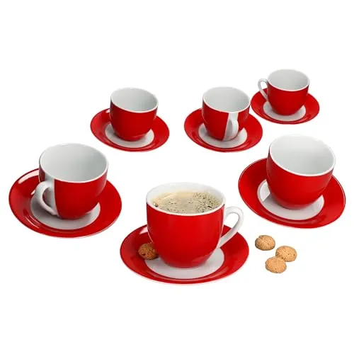 MamboCat Variant Rot Kaffeetassen Set für 6 Personen - Farbige Porzellan-Kaffeetassen mit Untertassen, ideal für Frühstück und Kaffee. Robust, spülmaschinen- und mikrowellengeeignet, perfekt für den täglichen Gebrauch oder besondere Anlässe.