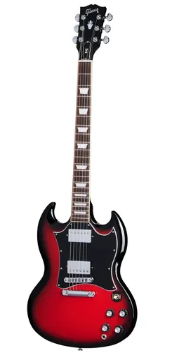 Gibson SG Standard Cardinal Red Burst E-Gitarre - E-Gitarre mit Mahagoni-Korpus und Slim Taper-Halsprofil für optimale Bespielbarkeit. Ausgestattet mit Burstbucker Pickups für kraftvollen Klang – perfekt für Rock, Blues und Metal.