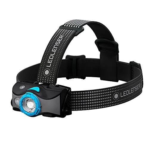 Ledlenser MH7 Akku Stirnlampe blau - Stirnlampe mit 600 lm Lichtstrom, wiederaufladbar und ideal für Outdoor-Aktivitäten. Über 10 Stunden Betriebsdauer und IP54 Schutz gegen Spritzwasser.
