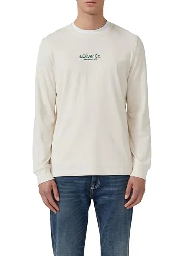 s.Oliver Langarmshirt mit Logo Schriftzug, Gr. M, ecru - Herren-Langarmshirt in ecru mit Logo, aus elastischem Jerseystoff für hohen Tragekomfort. Ideal für lässige Looks im Alltag.