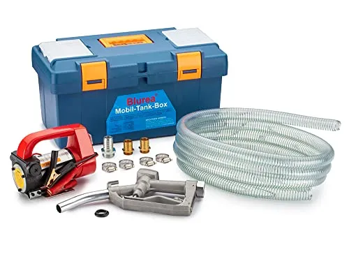 BLUREA Mobile Tankstellen Box, Dieselpumpe 12V selbstansaugend, 40l/min, 230W, inklusive manueller Zapfpistole mit Drehgelenk und 4m Dieselschlauch