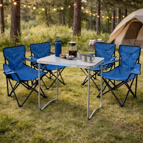5-tlg. Blau Campingmöbel Set - XL Tisch mit Tragegriff und Campingstuhl - Camping-Möbel Set: Klappbar und tragbar, ideal für Outdoor-Aktivitäten. Der große Tisch misst 80x60x68cm und bietet ausreichend Platz für Ihr Camping-Abenteuer.