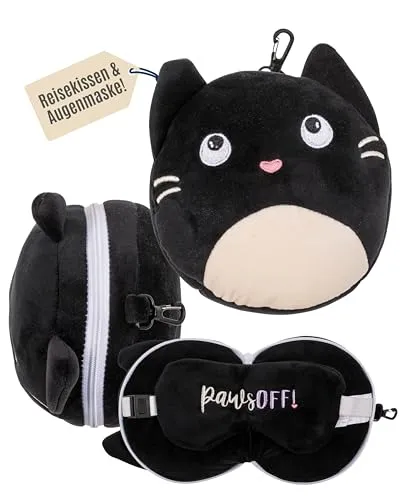 Out of the blue Kinder Plüsch-Reisekissen mit Augenmaske, Katze, ca. 16,5 x 13,5 x 10,5 cm