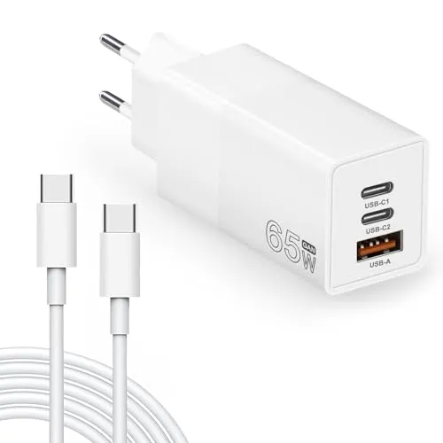 USB C Ladegerät Stecker, 65W GaN 3-Port Compact Fast Wall Netzteil mit USB-C Kabel für Mac Book Pro/Air, i Pad Pro, iPhone 15/14/Pro, Galaxy S23/S22, Steam Deck, Laptop und mehr (White)